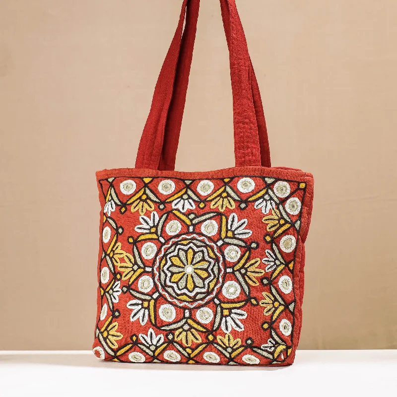 Soft leather shoulder bags with unique stitching patterns for added texture -Orange - Kala Raksha Pakko Hand Embroidery Shoulder Bag