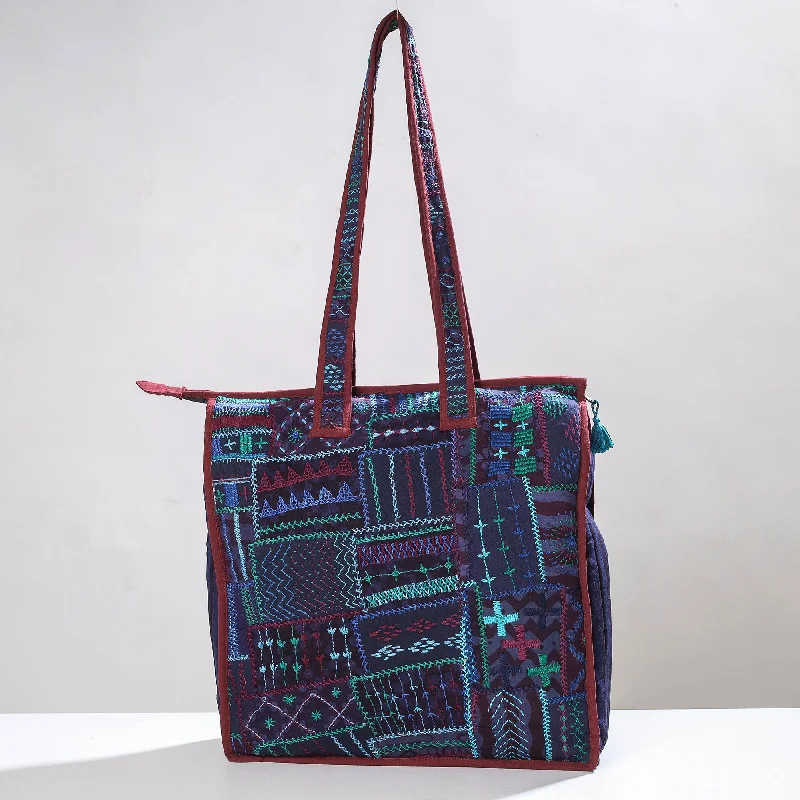 Chic shoulder bags for evening wear with metallic finishes and elegance -Blue - Lambani Hand Embroidery Patchwork Cotton Shoulder Bag