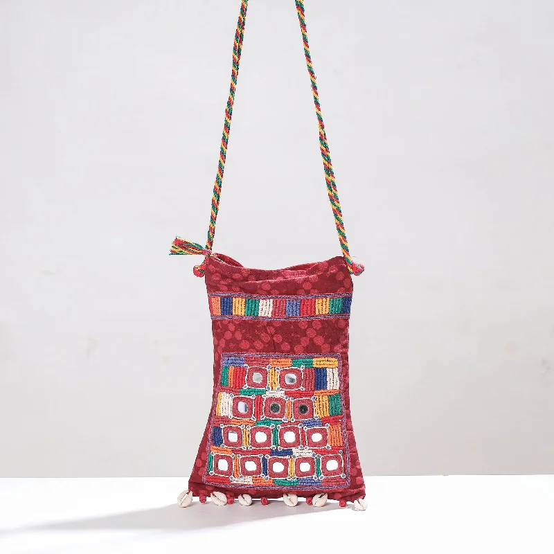 Elegant shoulder bags for women with crystal embellishments for added glamour -Red - Lambani Mirror Work Hand Embroidery Cotton Shoulder Bag