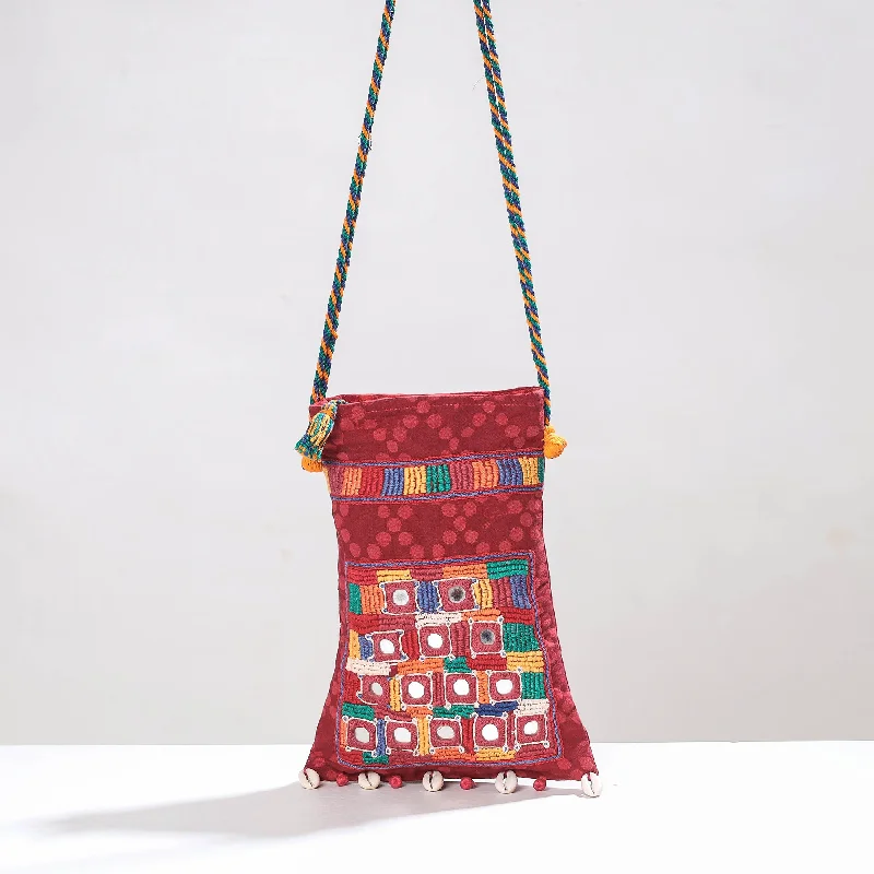 Colorful shoulder bags with trendy prints for a fun, youthful vibe -Red - Lambani Mirror Work Hand Embroidery Cotton Shoulder Bag