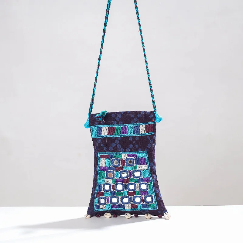 Soft leather shoulder bags for women with simple, understated designs -Blue - Lambani Mirror Work Hand Embroidery Cotton Shoulder Bag