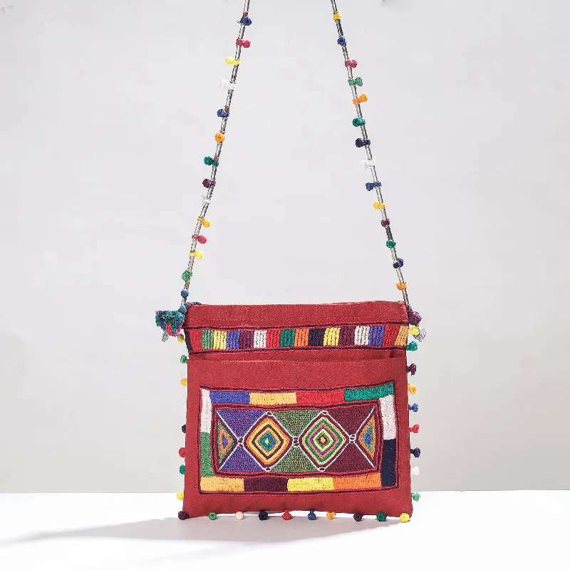 Trendy shoulder bags for teens with fun, playful designs and colors -Red - Lambani Hand Embroidery Cotton Shoulder Bag