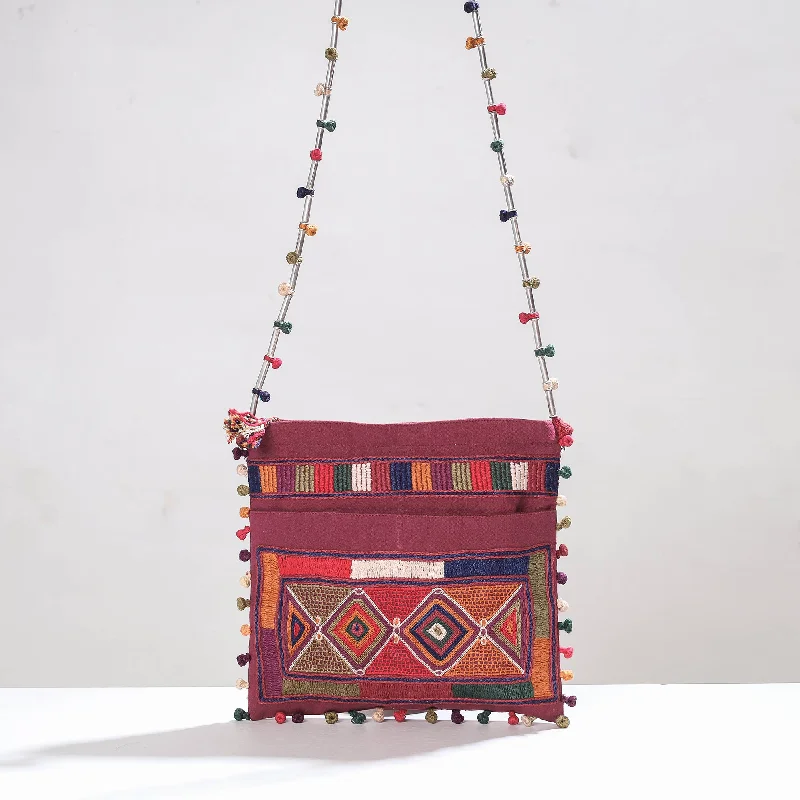 Shoulder bags with chain straps for a bold and luxurious finish -Maroon - Lambani Hand Embroidery Cotton Shoulder Bag