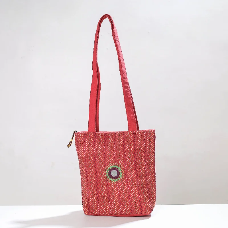 Soft suede shoulder bags with rich texture and timeless design -Red - Lambani Mirror Work Hand Embroidery Cotton Shoulder Bag