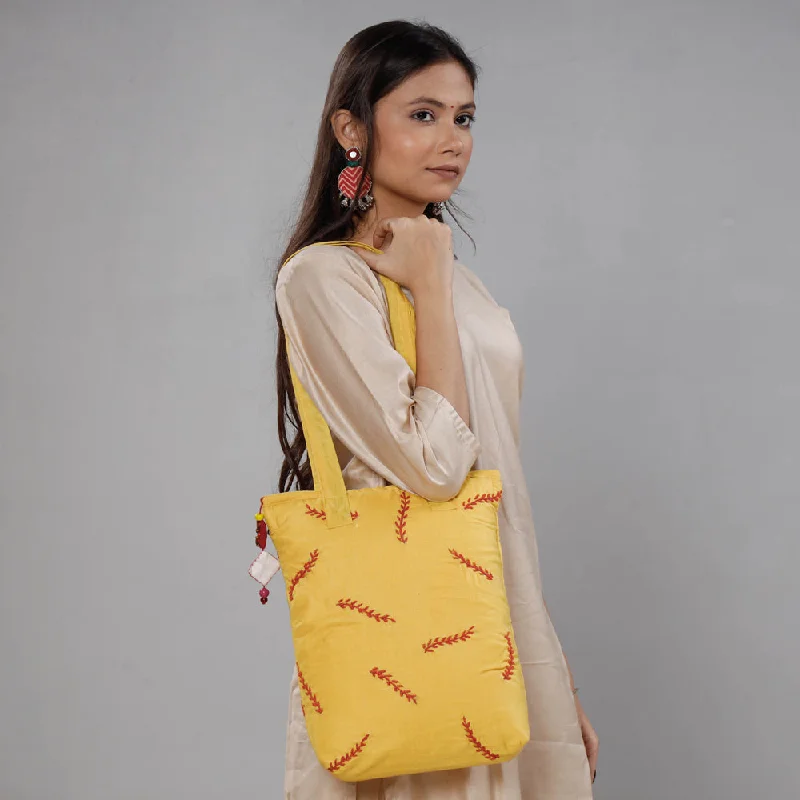 Minimalist shoulder bags with simple designs for understated elegance and charm -Yellow - Chandi Maati Kantha Work Silk Cotton Tote Bag