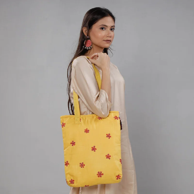 Shoulder bags for women with long straps for crossbody or shoulder use -Yellow - Chandi Maati Kantha Work Silk Cotton Tote Bag