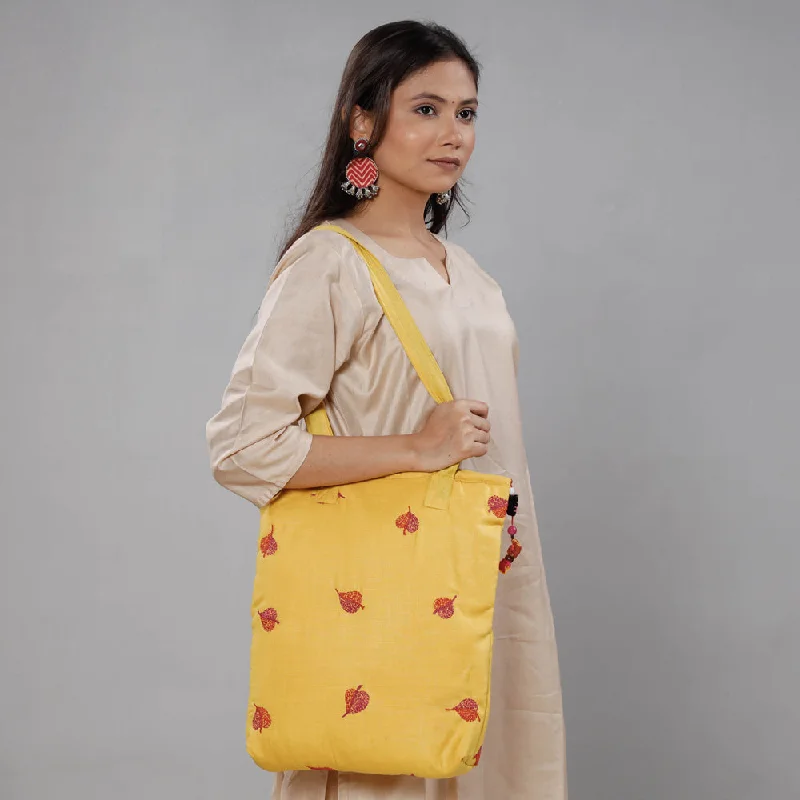 Fashionable shoulder bags with faux fur accents for winter fashion trends -Yellow - Chandi Maati Kantha Work Silk Cotton Tote Bag