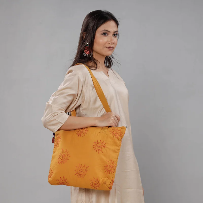 Shoulder bags with attached keychains for easy access to your keys -Yellow - Chandi Maati Kantha Work Cotton Tote Bag