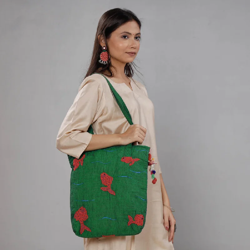 Chic shoulder bags with studded details for an edgy, rocker-inspired look -Green - Chandi Maati Kantha Work Cotton Tote Bag