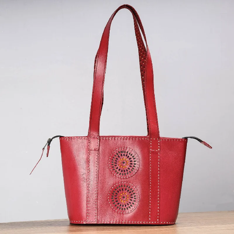 Shoulder bags with adjustable straps for customized fit and comfort -Red - Handcrafted Kutch Leather Shoulder Bag