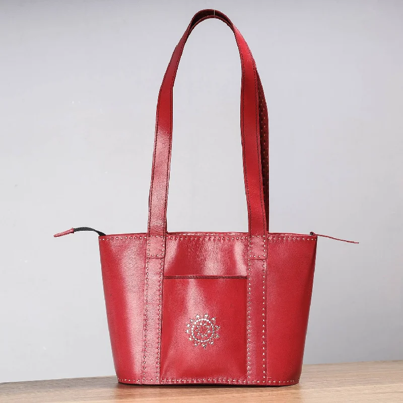 Small, trendy shoulder bags with crossbody options for added versatility -Red - Handcrafted Kutch Leather Shoulder Bag