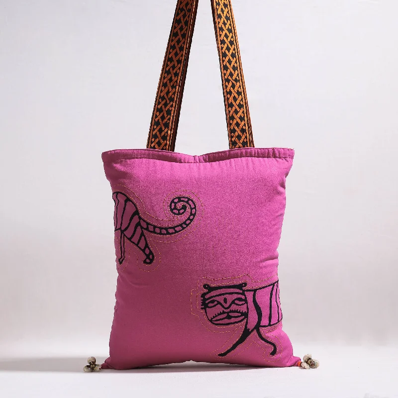 Elegant shoulder bags for weddings with delicate lace or beading details -Pink - Kantha Work Block Print Cotton Shoulder Bag