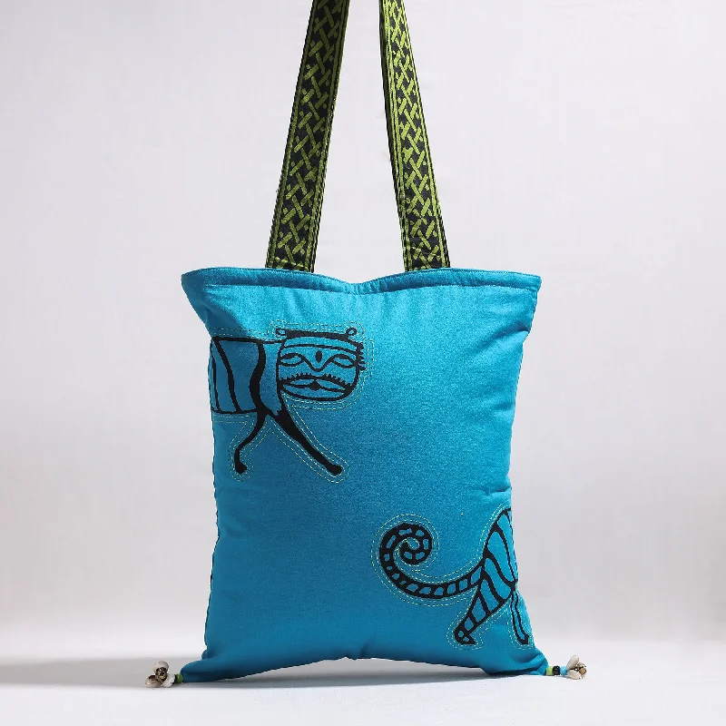 Shoulder bags for women with bold animal print designs for fierce fashion -Blue - Kantha Work Block Print Cotton Shoulder Bag