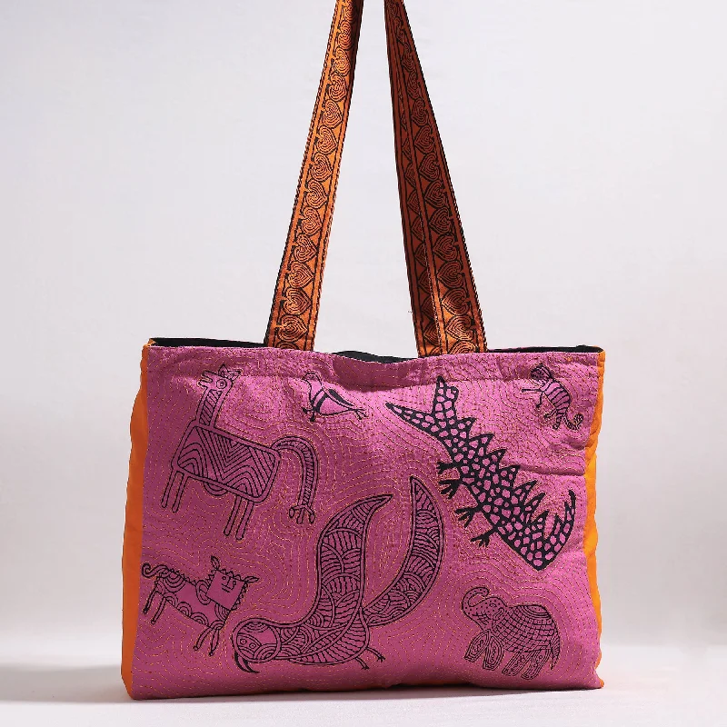 Shoulder bags for everyday wear with comfortable and durable straps -Pink - Kantha Work Block Print Cotton Shoulder Bag