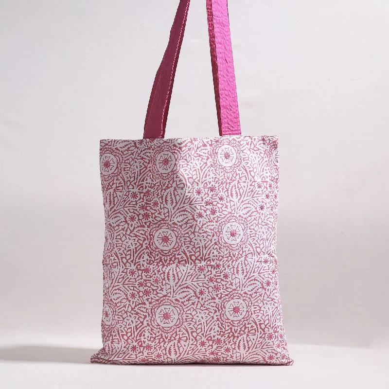 Large shoulder bags with ample storage for traveling or weekend getaways -Pink - Kantha Work Block Print Cotton Shoulder Bag