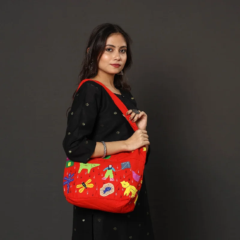 Shoulder bags with internal zippers for added security and organization -Red - Pipli Applique Work Cotton Shoulder Bag