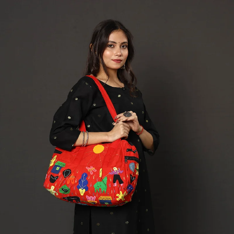 Elegant shoulder bags for formal events with satin or velvet materials -Red - Pipli Applique Work Cotton Shoulder Bag