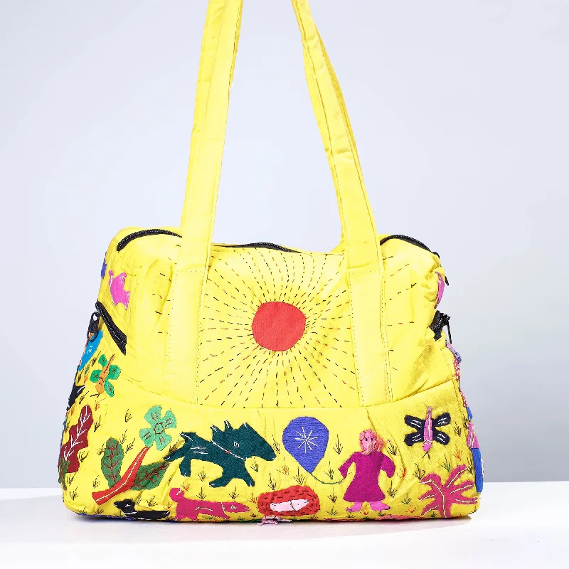 Shoulder bags with attached keychains for easy access to your keys -Yellow - Pipli Applique Work Cotton Shoulder Bag