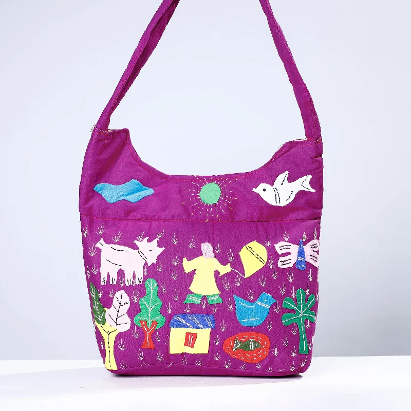 Shoulder bags with leather straps for a sophisticated, durable option -Purple - Pipli Applique Work Cotton Shoulder Bag