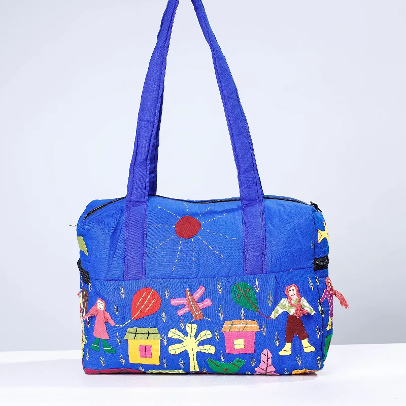 Travel-friendly shoulder bags with RFID-blocking technology for secure storage -Blue - Pipli Applique Work Cotton Shoulder Bag