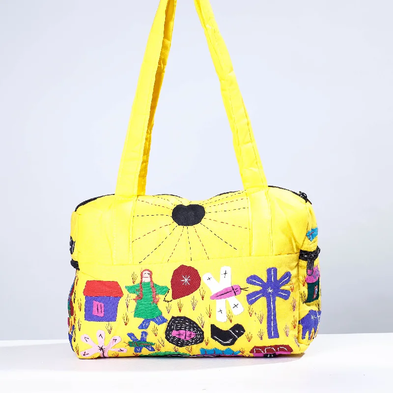 Shoulder bags with bold geometric patterns for a modern, artistic flair -Yellow - Pipli Applique Work Cotton Shoulder Bag