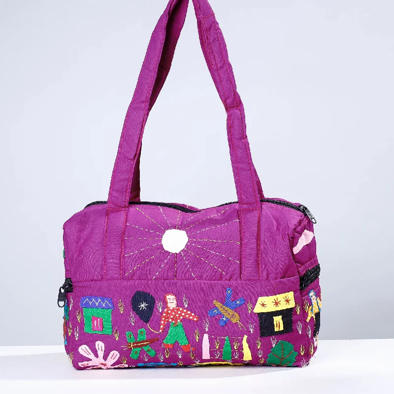 Compact shoulder bags with sleek designs for carrying essentials only -Purple - Pipli Applique Work Cotton Shoulder Bag