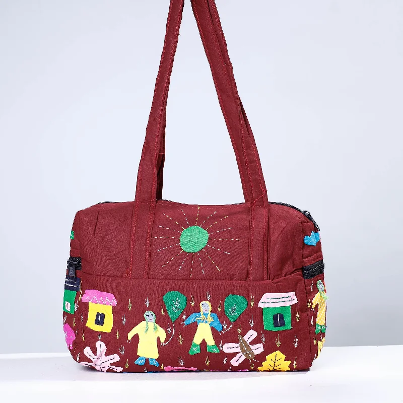 Minimalist shoulder bags with simple designs for understated elegance and charm -Maroon - Pipli Applique Work Cotton Shoulder Bag