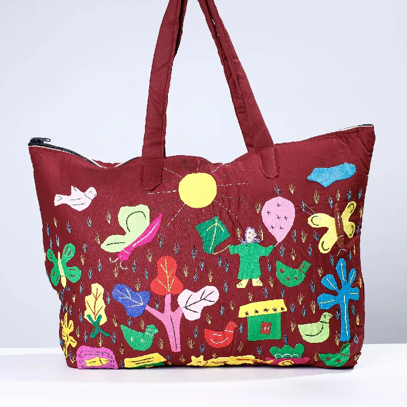 Shoulder bags with dual-purpose designs that convert to crossbody bags -Maroon - Pipli Applique Work Cotton Shoulder Bag