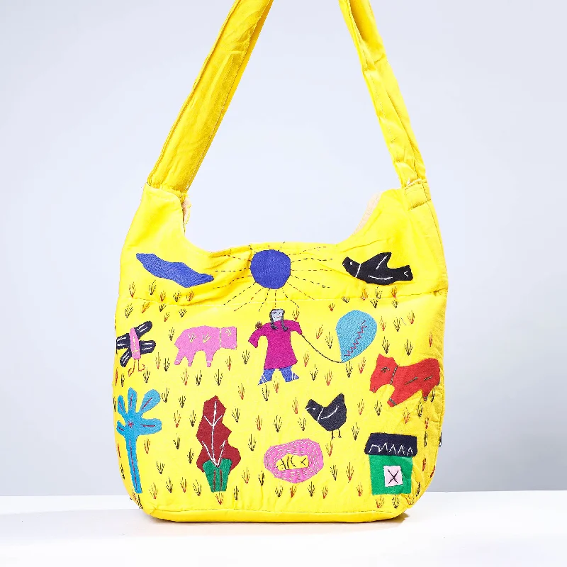 Casual shoulder bags with large compartments for gym and workout essentials -Yellow - Pipli Applique Work Cotton Shoulder Bag