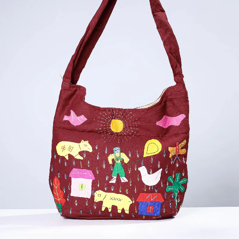 Shoulder bags with woven handles for a vintage, chic aesthetic -Maroon - Pipli Applique Work Cotton Shoulder Bag