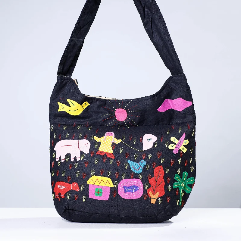 Shoulder bags with printed fabric designs for a fun, personalized touch -Black - Pipli Applique Work Cotton Shoulder Bag