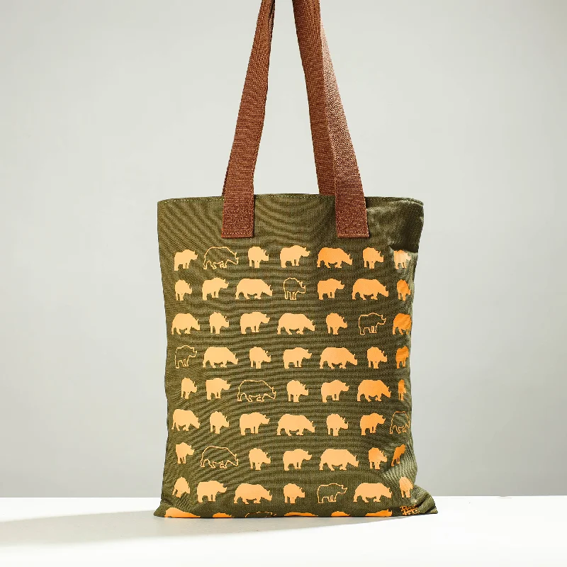 Shoulder bags with internal zippers for added security and organization -Green -  Assam One-Horned Rhino Cotton Canvas Shoulder Bag