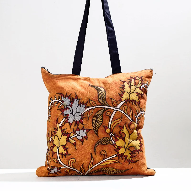 Affordable shoulder bags for women with durable, long-lasting materials -Orange - Handpainted Kalamkari Natural Dyed Cotton Jhola Bag