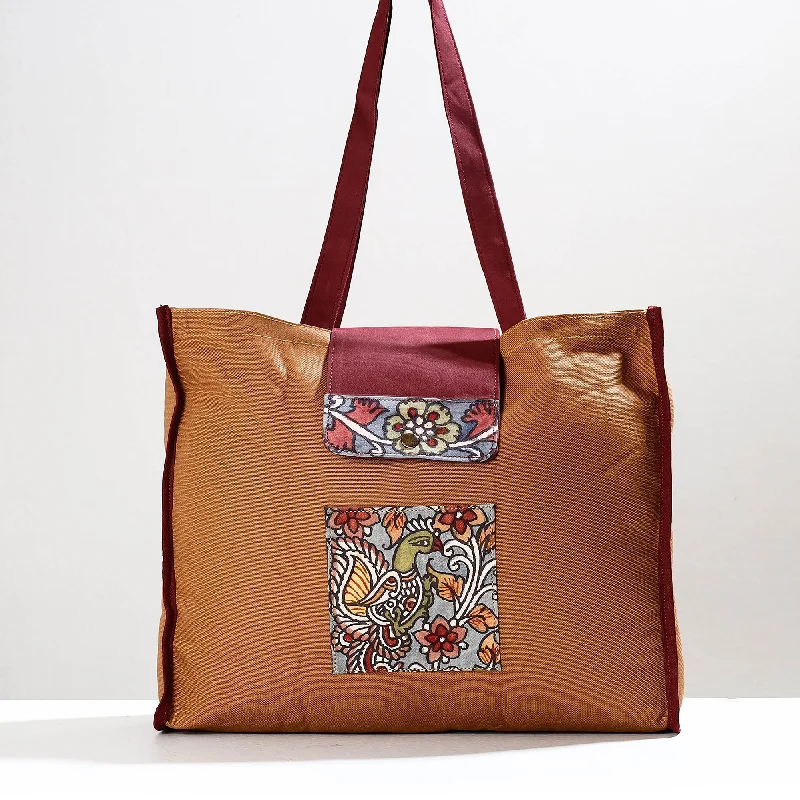 Classic shoulder bags with large, structured frames for timeless style -Brown - Handpainted Kalamkari Natural Dyed Cotton Shoulder Bag