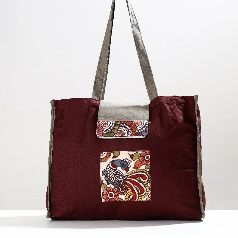 Shoulder bags for women with long straps for crossbody or shoulder use -Maroon - Handpainted Kalamkari Natural Dyed Cotton Shoulder Bag