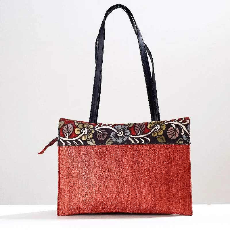 Shoulder bags for commuters with functional designs and compartments for tech -Orange - Handpainted Kalamkari Natural Dyed Ghicha Silk Shoulder Bag