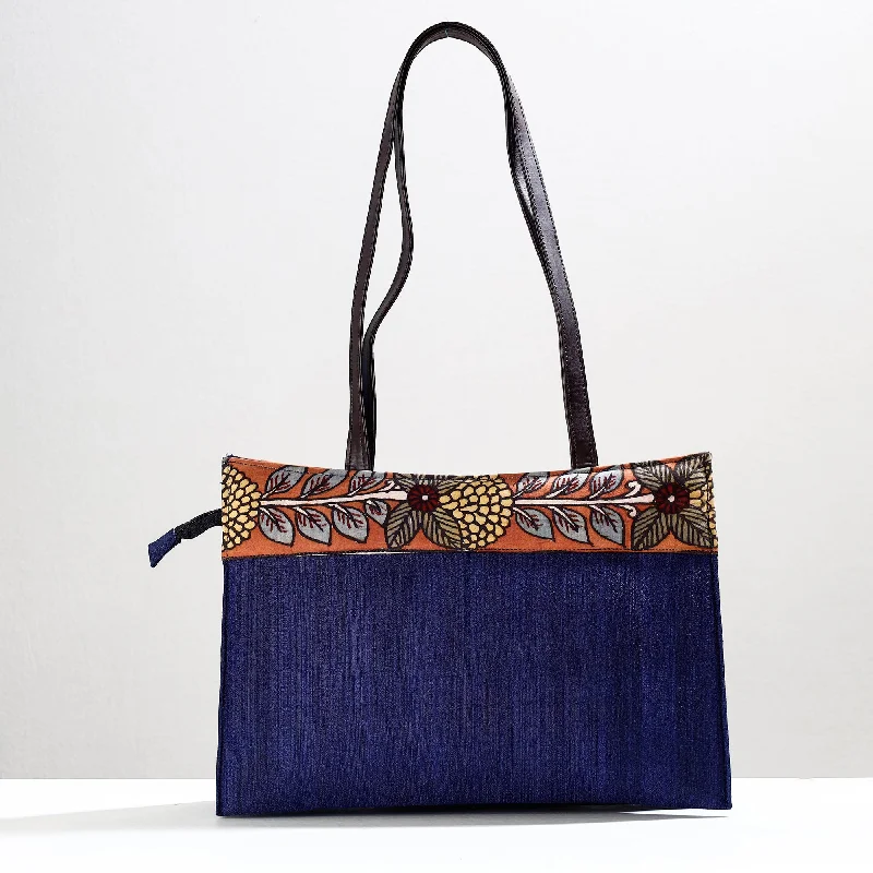 Shoulder bags with stylish bow accents for a feminine and playful look -Blue - Handpainted Kalamkari Natural Dyed Ghicha Silk Shoulder Bag