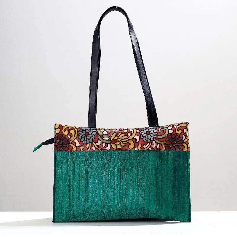 Casual shoulder bags for women with a sporty vibe and practical features -Green - Handpainted Kalamkari Natural Dyed Ghicha Silk Shoulder Bag