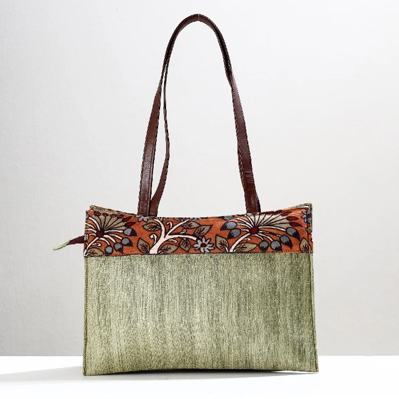 Versatile shoulder bags with interchangeable straps for different fashion looks -Green - Handpainted Kalamkari Natural Dyed Ghicha Silk Shoulder Bag