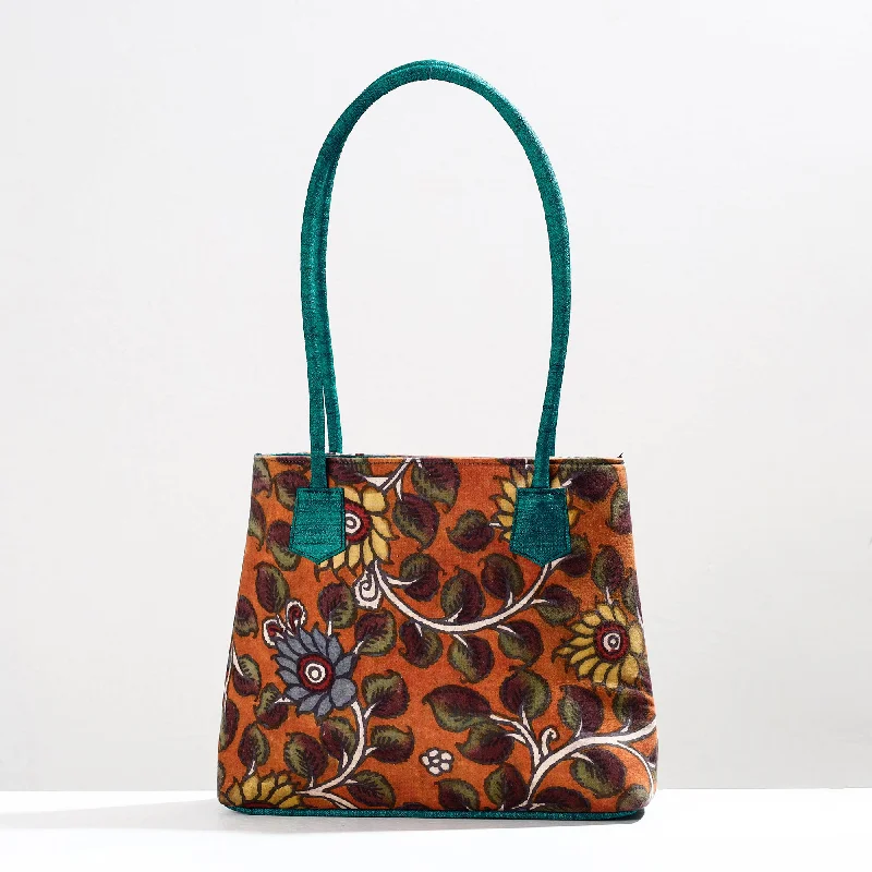 Eco-friendly shoulder bags made from recycled materials for sustainable fashion -Orange - Handpainted Kalamkari Natural Dyed Cotton Shoulder Bag