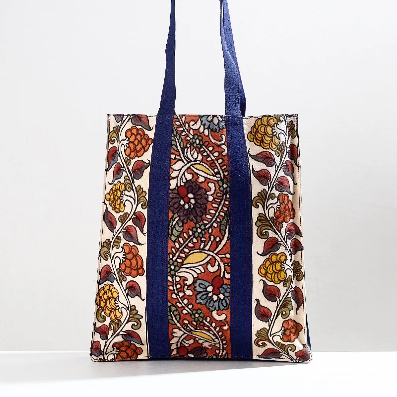 Designer shoulder bags for women with embossed textures and rich details -White - Handpainted Kalamkari Natural Dyed Cotton Shoulder Bag