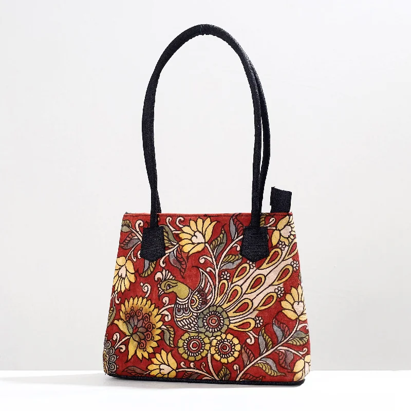 Large shoulder bags for women with roomy interior and multiple pockets -Red - Handpainted Kalamkari Natural Dyed Cotton Shoulder Bag