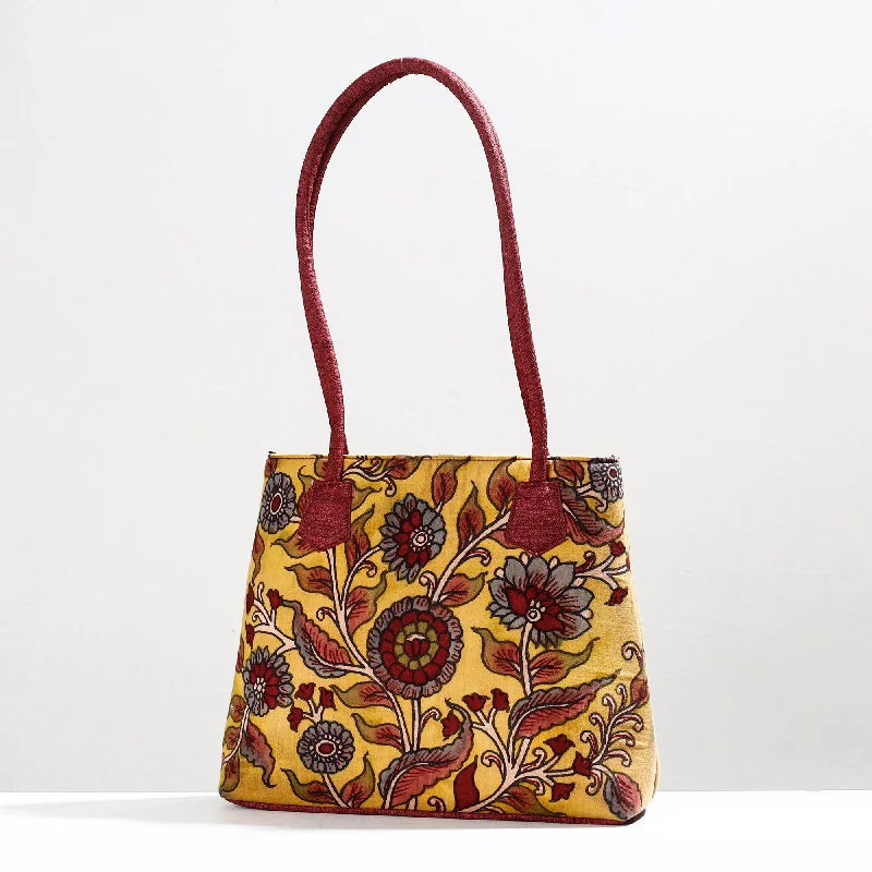 Comfortable shoulder bags with wide straps for long-day wear and comfort -Yellow - Handpainted Kalamkari Natural Dyed Cotton Shoulder Bag