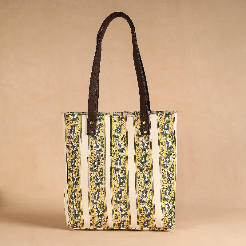 Shoulder bags for work with professional designs and multiple compartments -Yellow - Handcrafted Sanganeri Printed Leather Shoulder Bag