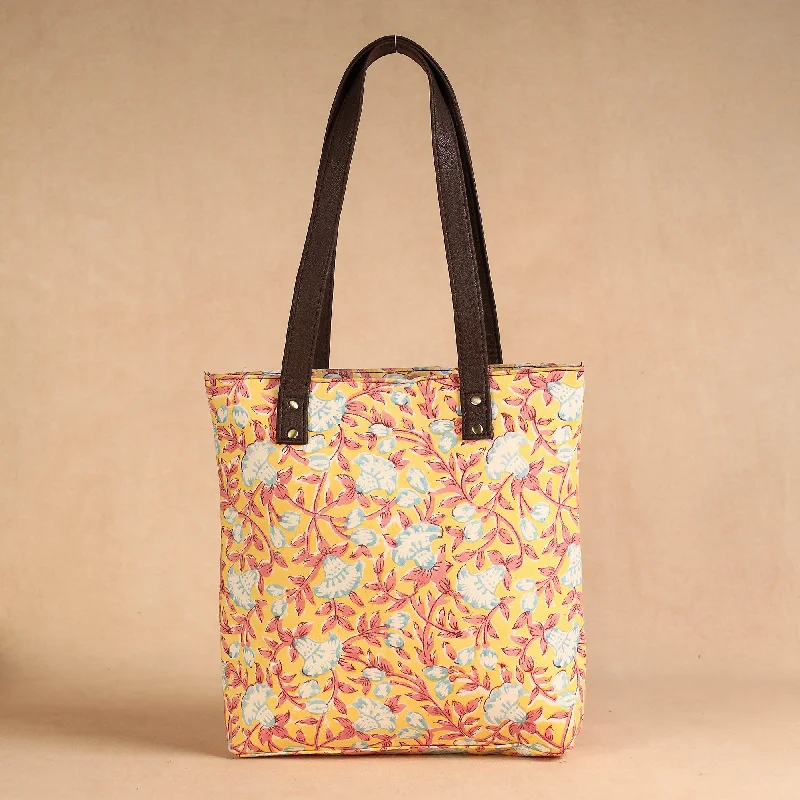 Customizable shoulder bags with detachable pouches for extra organization -Yellow - Handcrafted Sanganeri Printed Leather Shoulder Bag