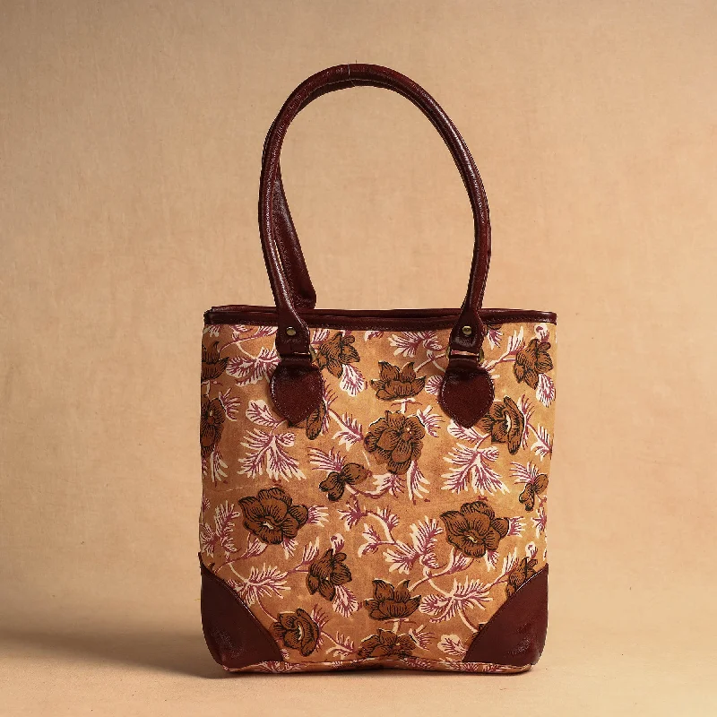 Shoulder bags with hidden compartments for wallets, keys, and essentials -Brown - Handcrafted Sanganeri Printed Leather Shoulder Bag