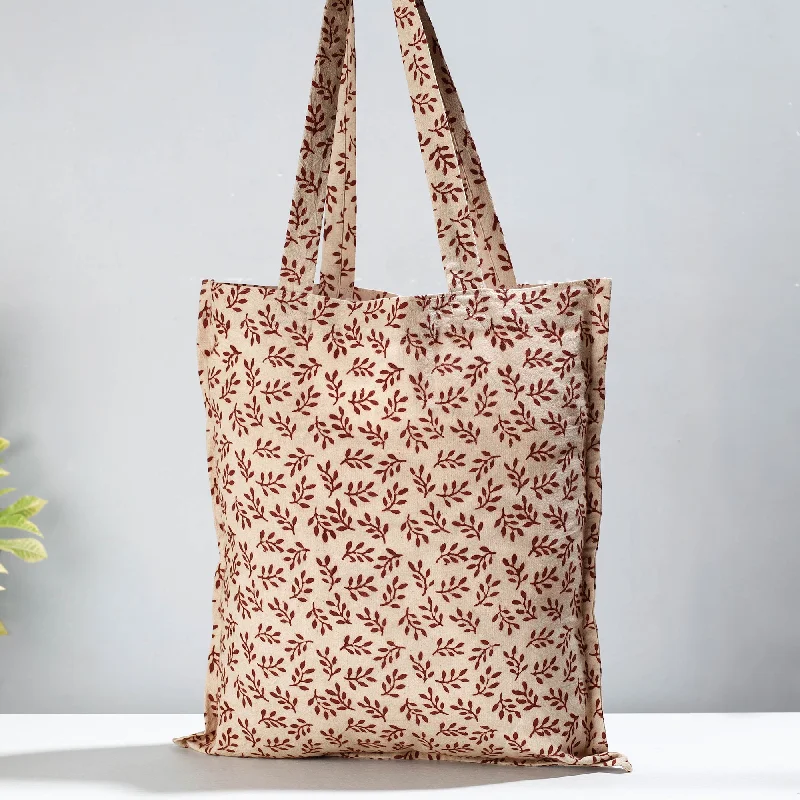 Shoulder bags with woven handles for a vintage, chic aesthetic -Beige - Pedana Kalamkari Block Printed Cotton Shopping Bag