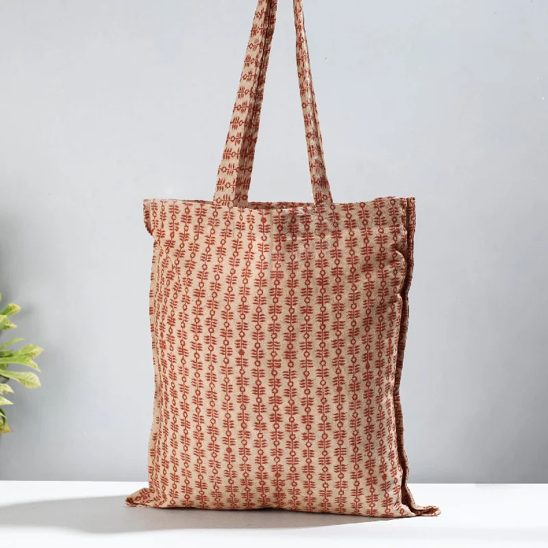 Small, trendy shoulder bags with crossbody options for added versatility -Brown - Pedana Kalamkari Block Printed Cotton Shopping Bag