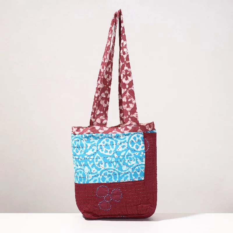 Shoulder bags with vibrant color blocking for a bold, fashion-forward statement -Maroon - Kantha Work Block Print Cotton Shoulder Bag