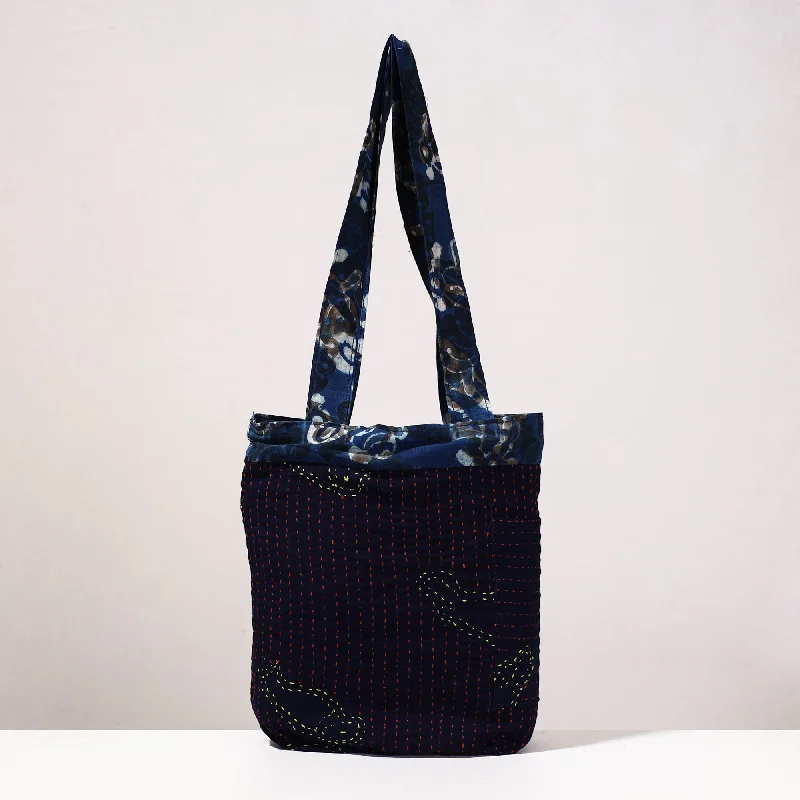 Soft suede shoulder bags with rich texture and timeless design -Blue - Kantha Work Block Print Cotton Shoulder Bag